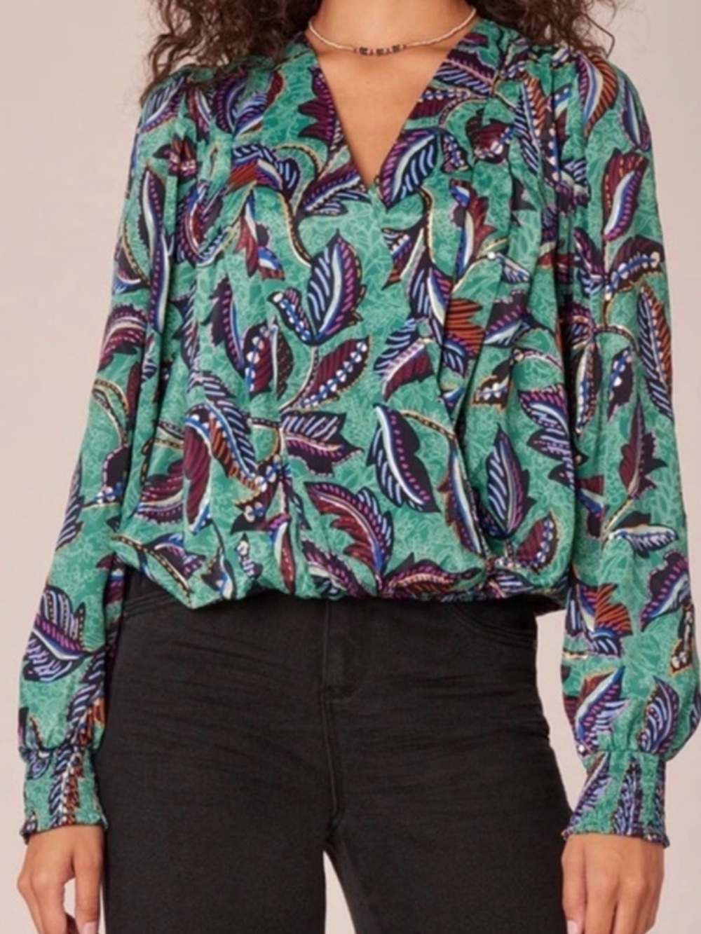Democracy Teal Green Leaf-Print V-Neck Blouse